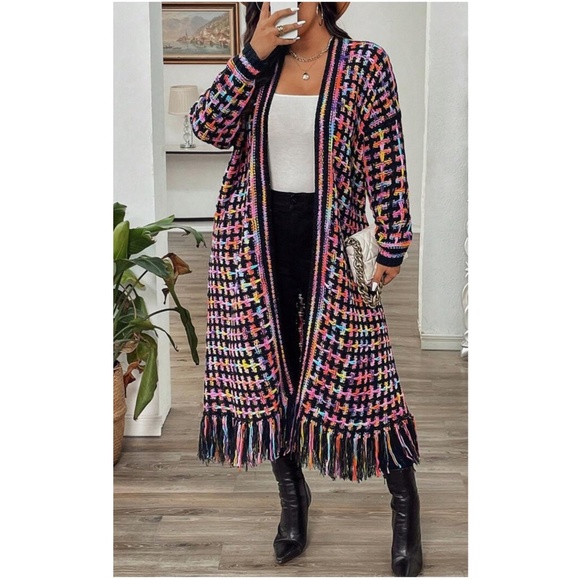 Plus Multicolor Textured Tassel Hem Open Front Long Cardigan